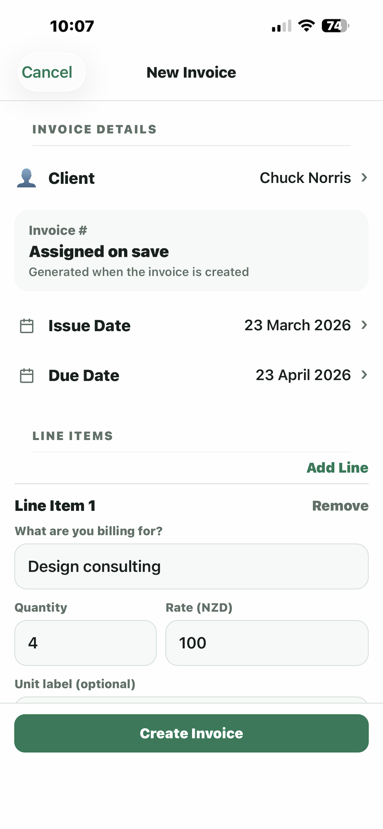 Ledge new invoice screen showing client, issue and due dates, line items, and create invoice action.
