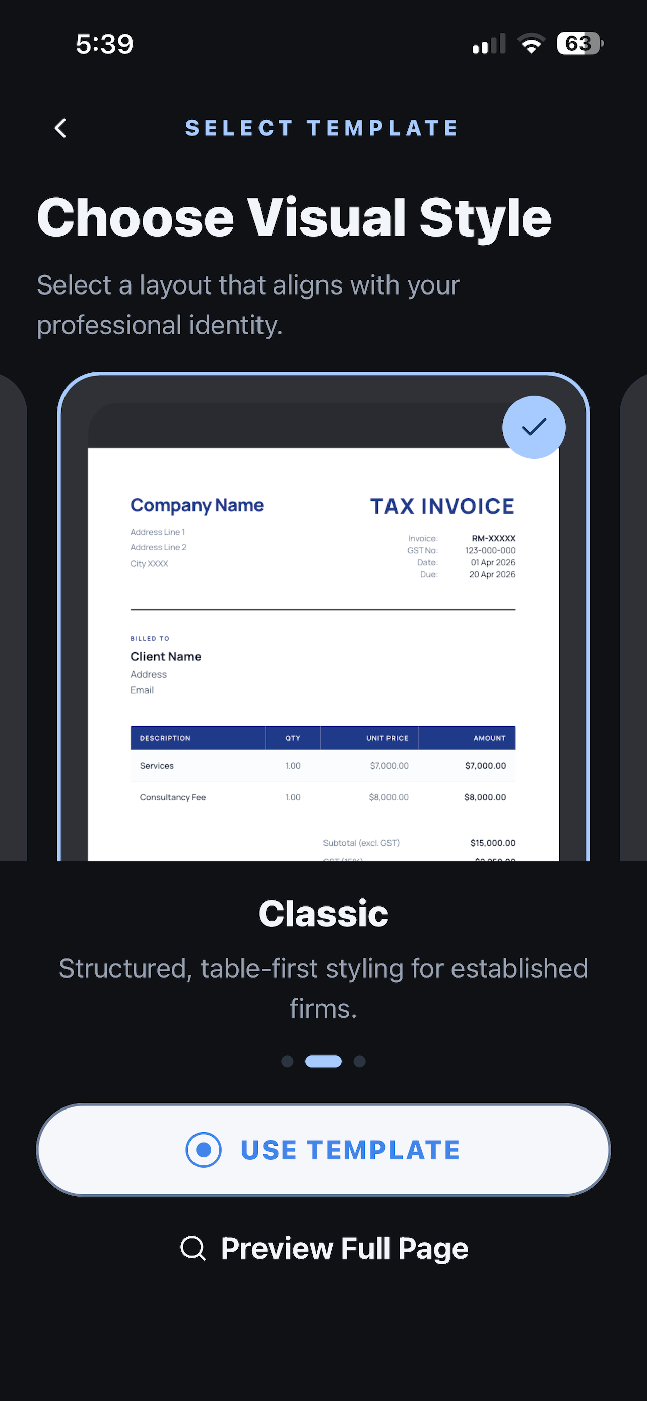 Ledge template screen showing reusable invoice layout and business details.